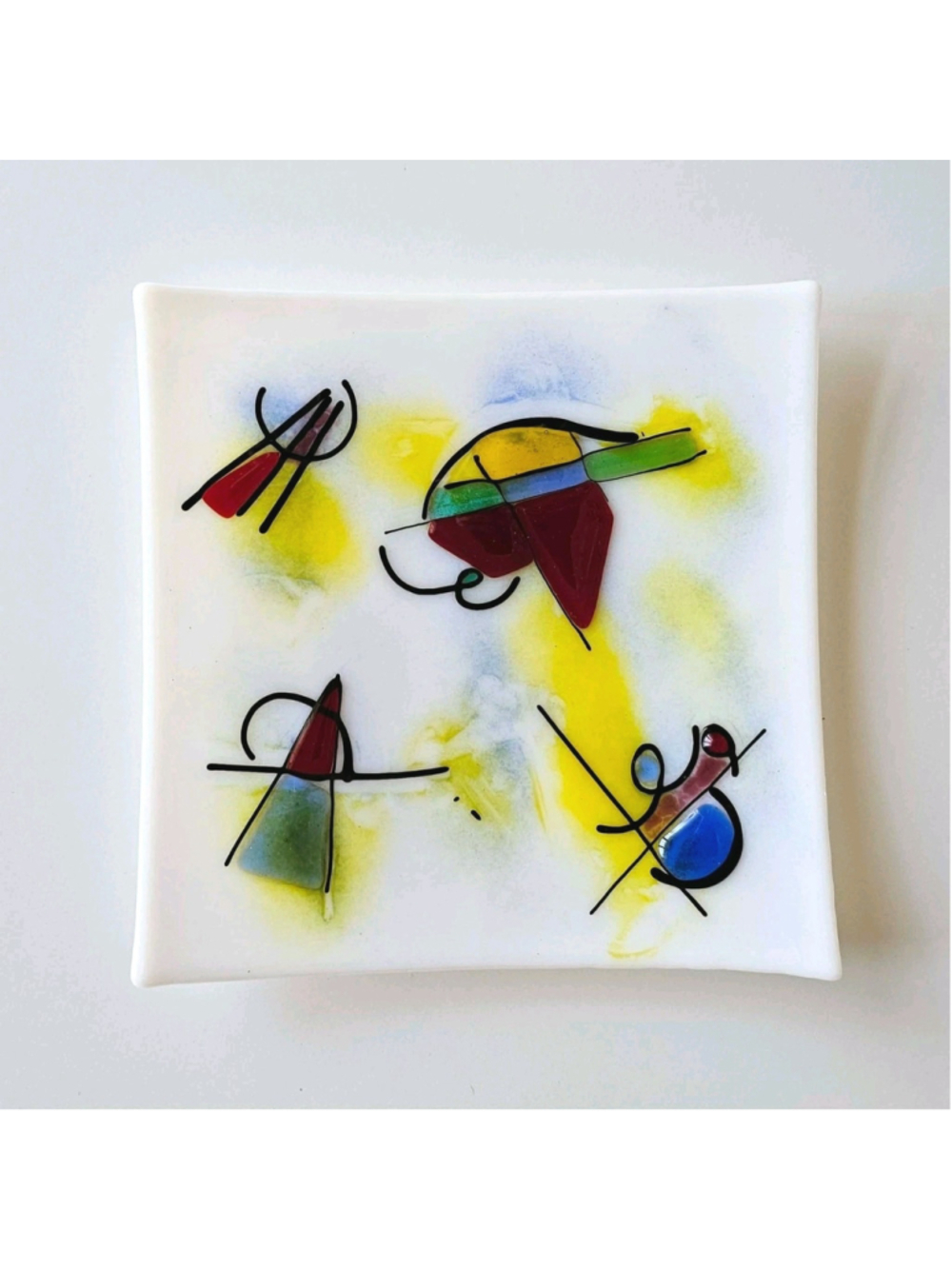 Vintage Fused Glass Abstract Art Plate - Kandinsky Style - MCM 9" Square White